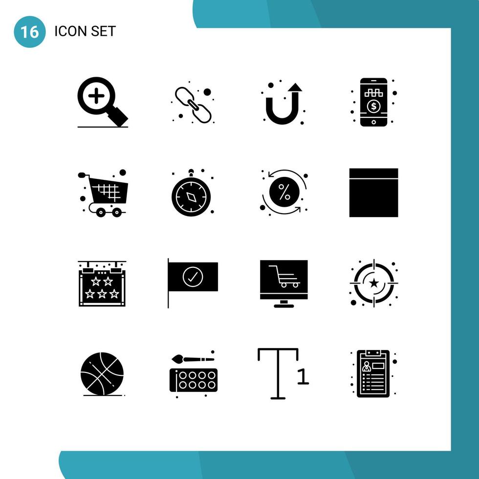 Universal Icon Symbols Group of 16 Modern Solid Glyphs of basket checkout sign cart pay money Editable Vector Design Elements