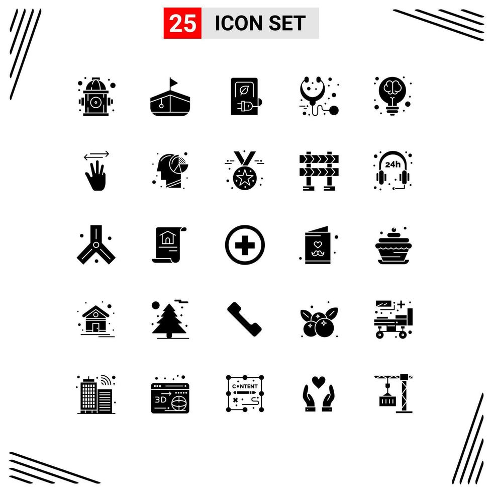 Modern Set of 25 Solid Glyphs and symbols such as idea bulb electric stethoscope health Editable Vector Design Elements