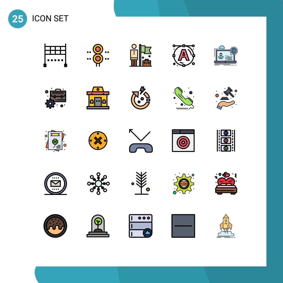 paquete de 25 modernos signos y símbolos de colores planos de línea rellena para medios de impresión web, como elementos de diseño de vectores editables de fuentes de arte realizadas en seminarios web en línea