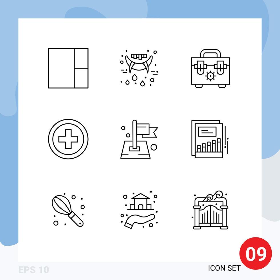 Pictogram Set of 9 Simple Outlines of growth target tools location flag Editable Vector Design Elements