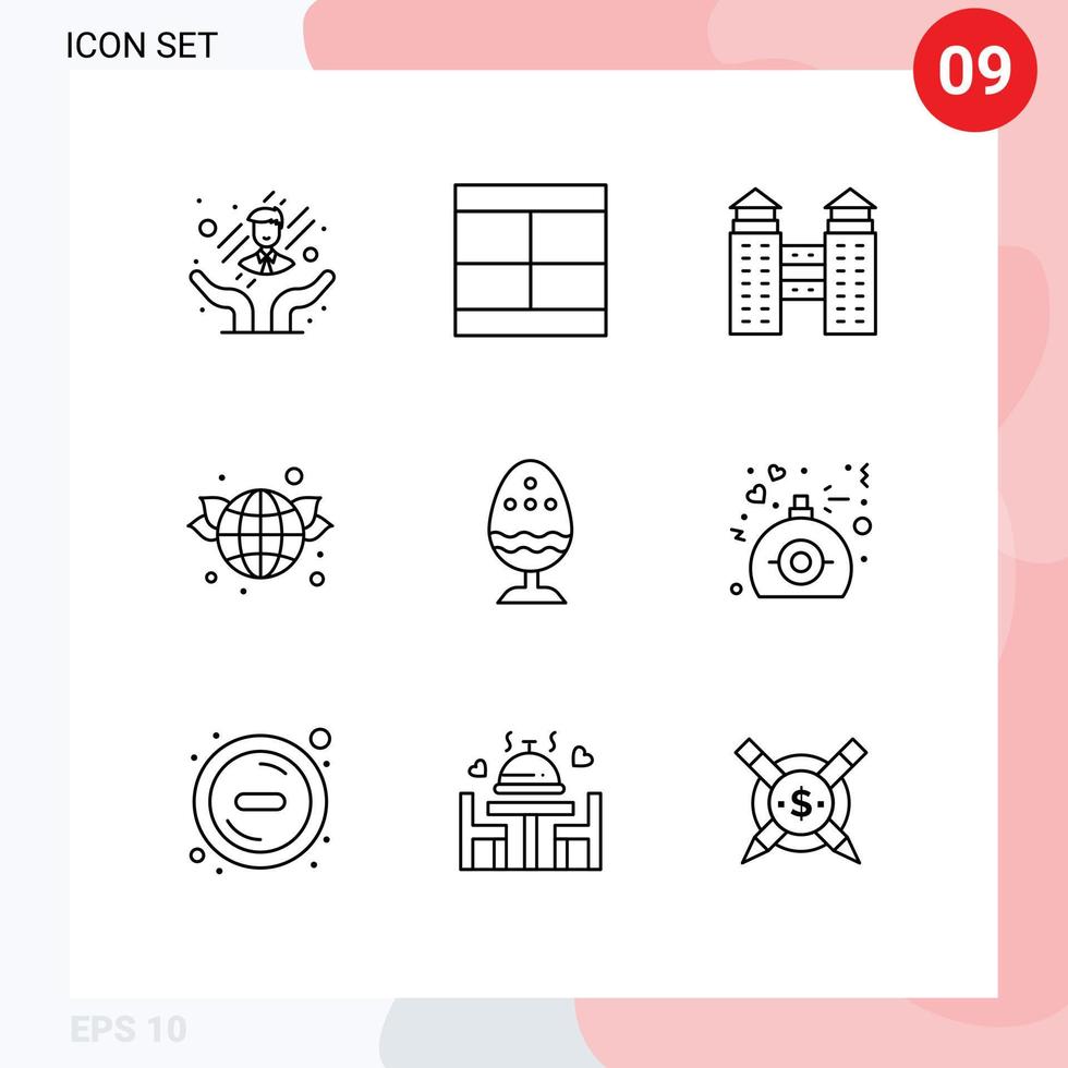 Set of 9 Commercial Outlines pack for easter boiled building green globe Editable Vector Design Elements
