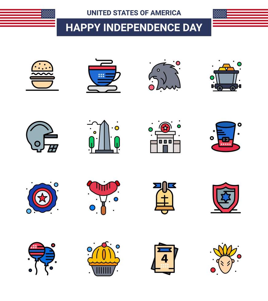 Set of 16 Vector Flat Filled Lines on 4th July USA Independence Day such as monument helmet bird football rail Editable USA Day Vector Design Elements