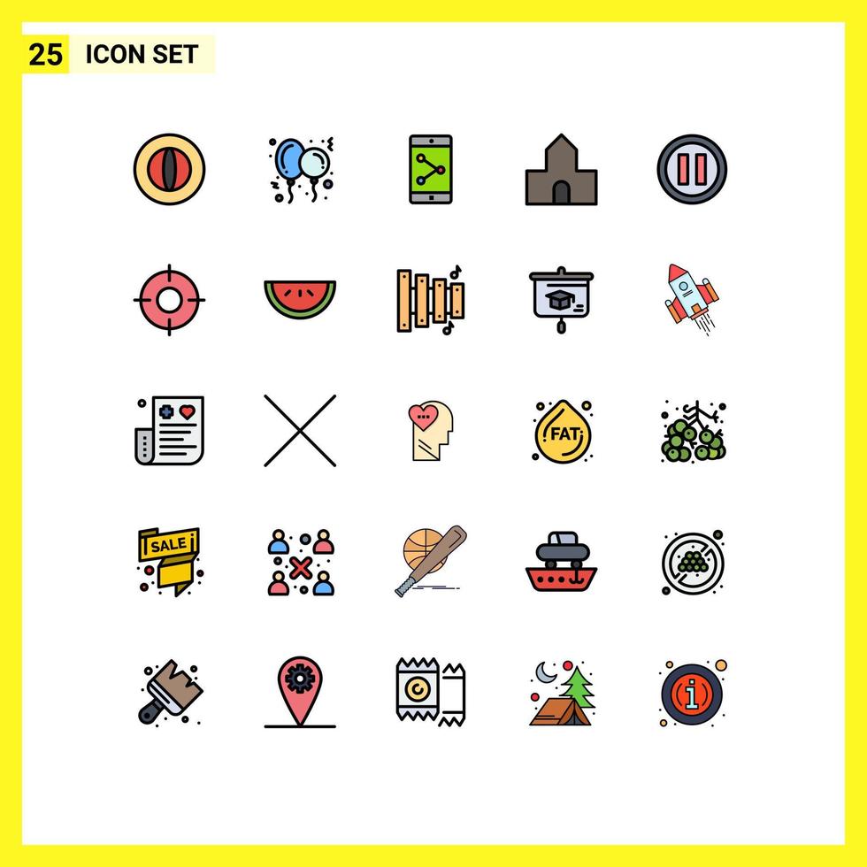 Group of 25 Modern Filled line Flat Colors Set for pause media app share christian building catholic Editable Vector Design Elements