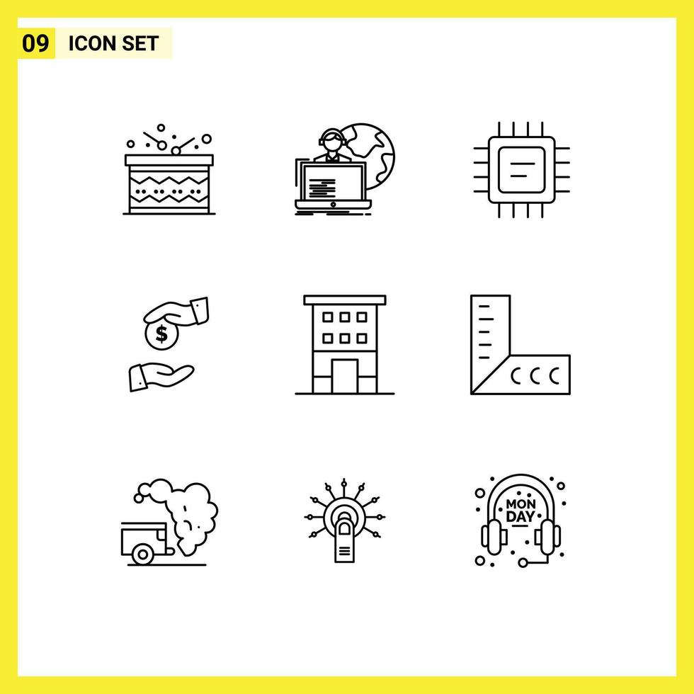 Mobile Interface Outline Set of 9 Pictograms of buildings corrupt online bureaucracy bribe Editable Vector Design Elements