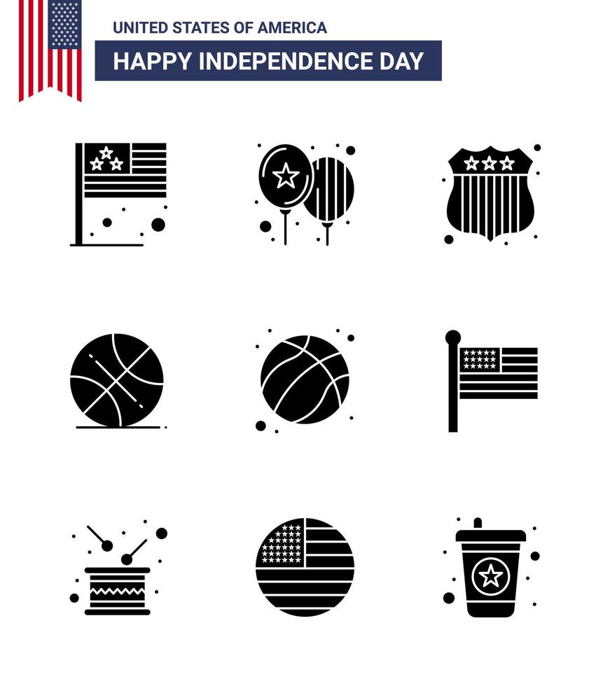 Solid Glyph Pack of 9 USA Independence Day Symbols of football american badge usa ball Editable USA Day Vector Design Elements