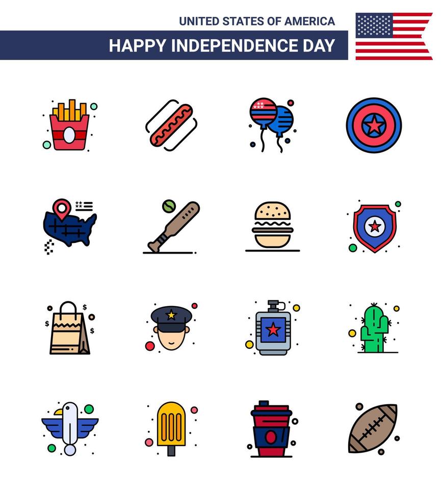 Happy Independence Day Pack of 16 Flat Filled Lines Signs and Symbols for american location bloons medal independece Editable USA Day Vector Design Elements