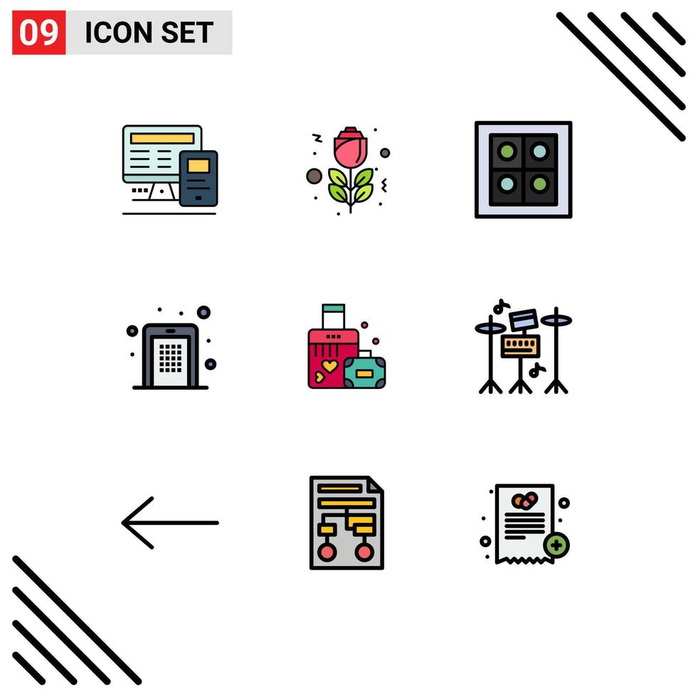 Mobile Interface Filledline Flat Color Set of 9 Pictograms of heart briefcase kitchen pin code mobile Editable Vector Design Elements