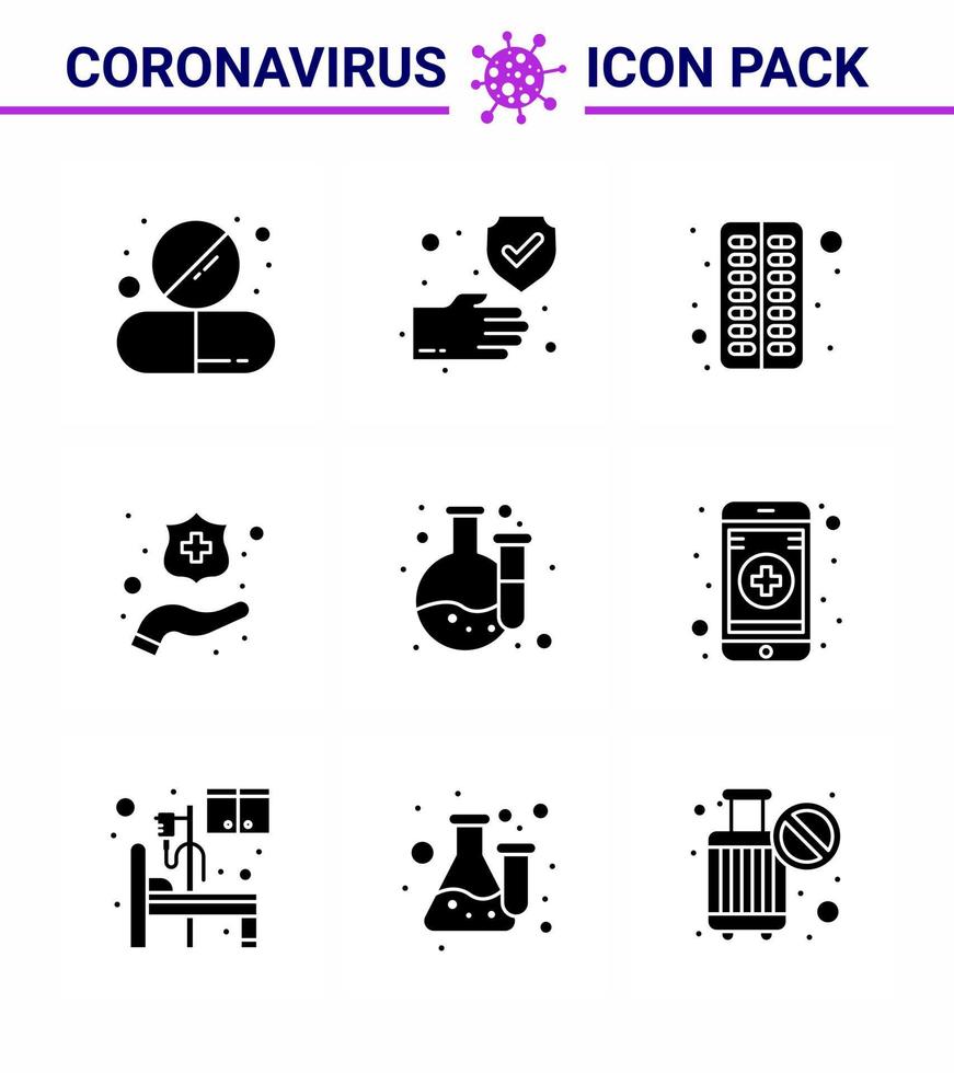 9 conjunto negro de glifos sólidos de íconos epidémicos del virus de la corona, como el lavado de laboratorio, píldora de manos seguras, coronavirus viral 2019nov, elementos de diseño de vectores de enfermedades