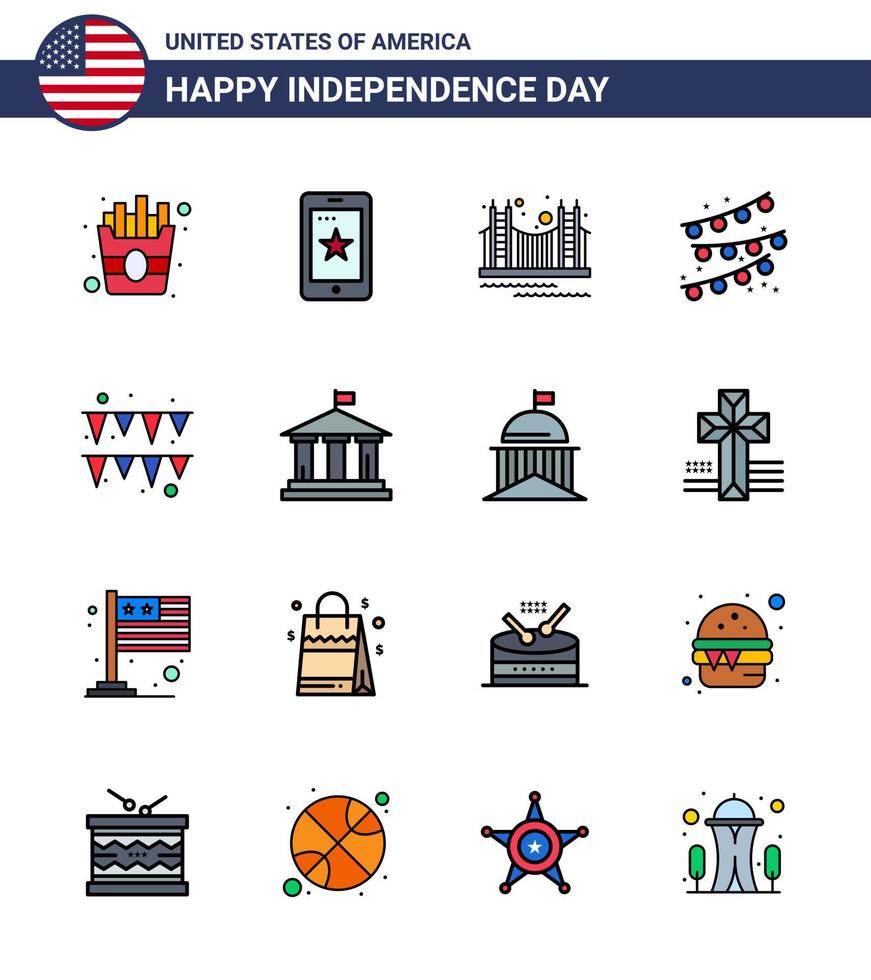 Happy Independence Day Pack of 16 Flat Filled Lines Signs and Symbols for garland party bulb gate party decoration usa Editable USA Day Vector Design Elements