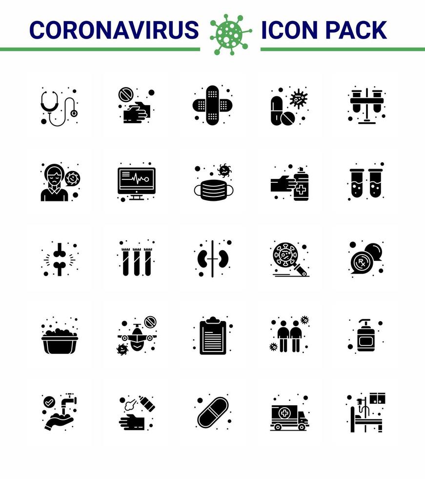 Covid19 icon set for infographic 25 Solid Glyph pack such as pill capsule shake hand antivirus injury viral coronavirus 2019nov disease Vector Design Elements