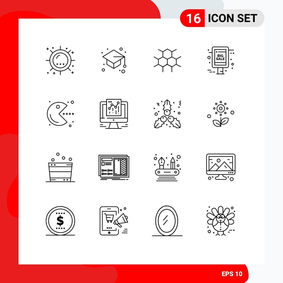 Modern Set of 16 Outlines Pictograph of pacman sale advertisement study grand sale health Editable Vector Design Elements