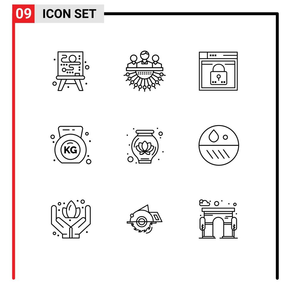 Universal Icon Symbols Group of 9 Modern Outlines of pot fitness login dumbbell passward Editable Vector Design Elements