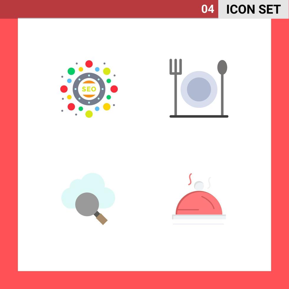 Pictogram Set of 4 Simple Flat Icons of marketing research seo package restaurant dish Editable Vector Design Elements