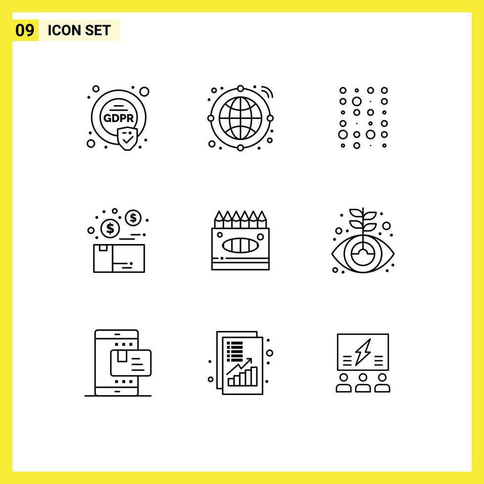 Set of 9 Commercial Outlines pack for art product data package money Editable Vector Design Elements