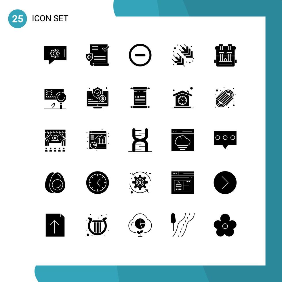 25 Thematic Vector Solid Glyphs and Editable Symbols of analysis hobbies minus bag vegetable Editable Vector Design Elements