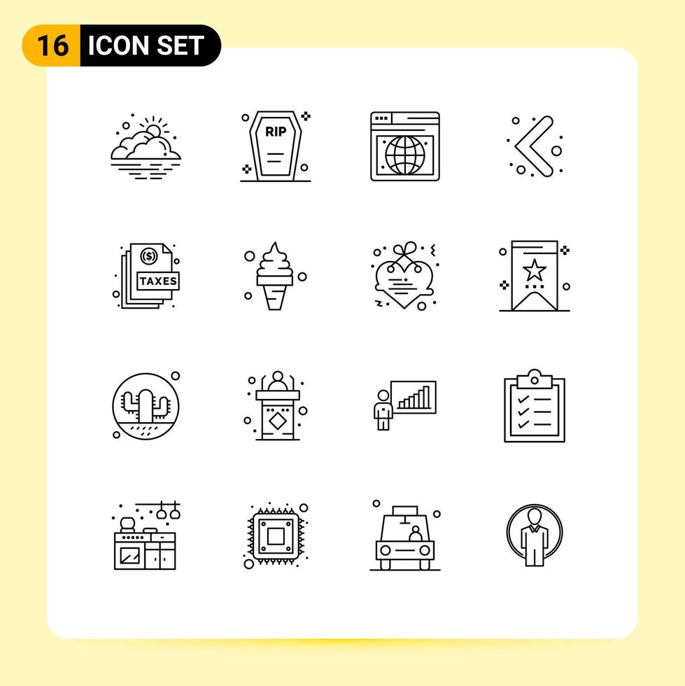 16 User Interface Outline Pack of modern Signs and Symbols of document navigation funeral left webpage Editable Vector Design Elements