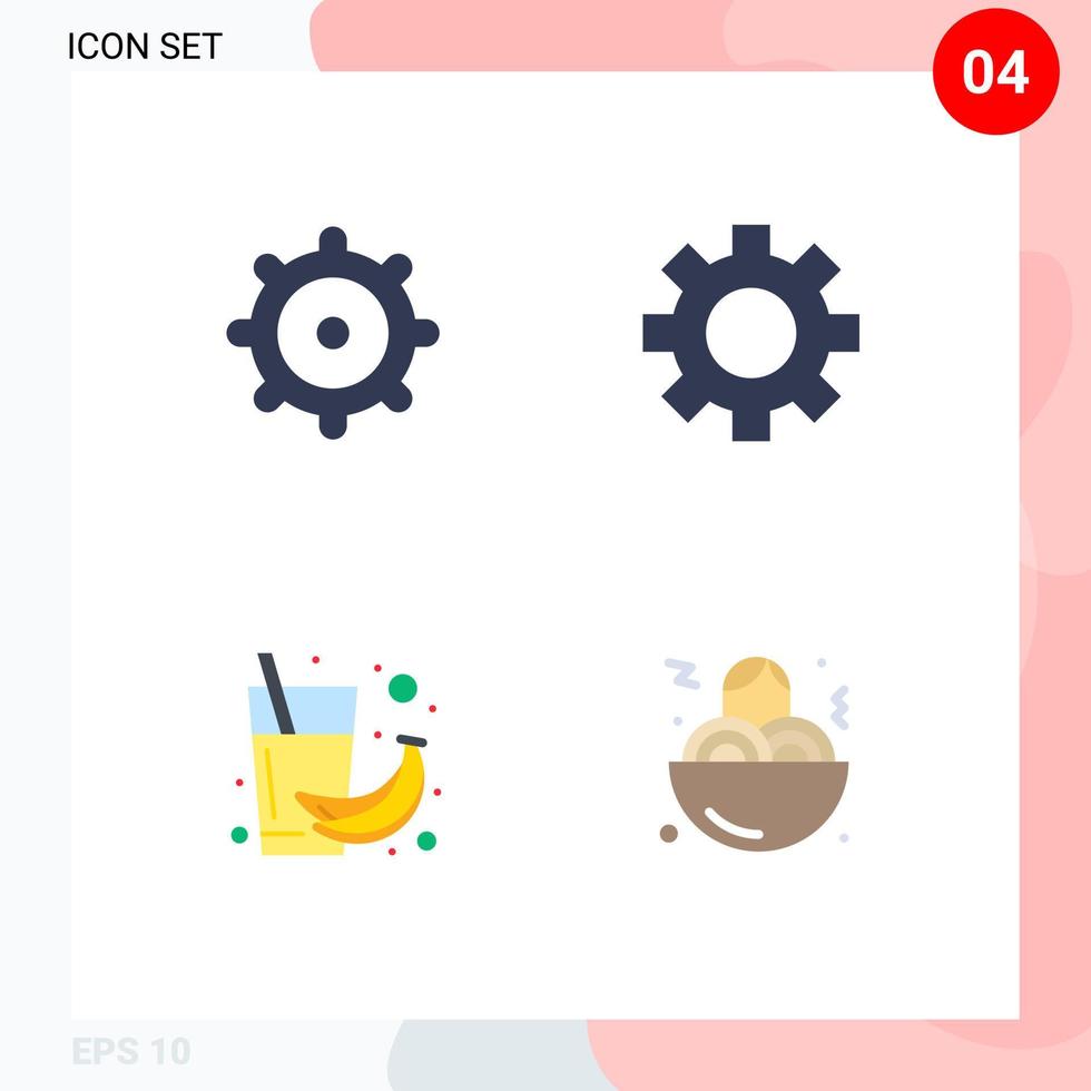 Modern Set of 4 Flat Icons Pictograph of gear juice settings drink fast food Editable Vector Design Elements