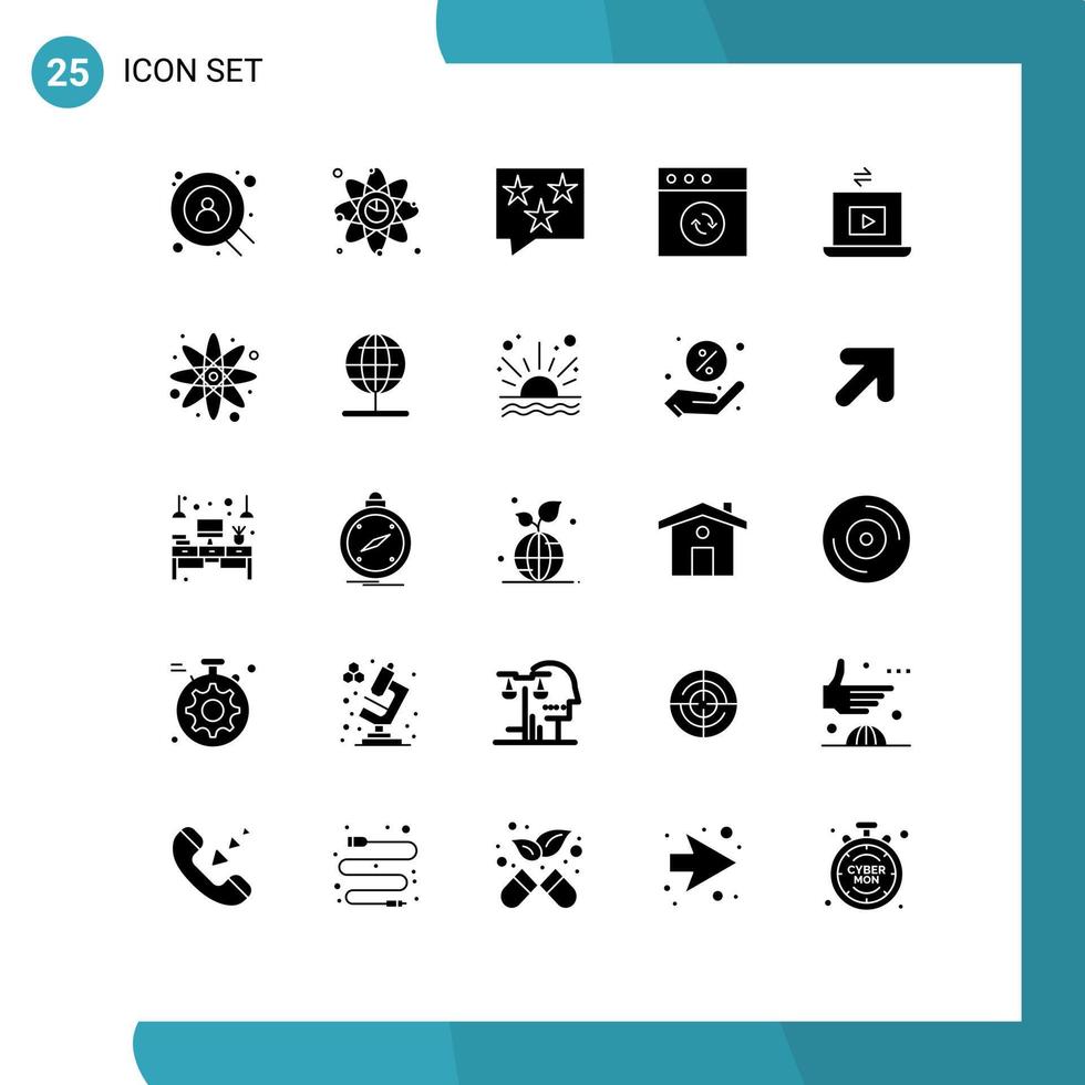 Set of 25 Commercial Solid Glyphs pack for video sync bubble mac star Editable Vector Design Elements
