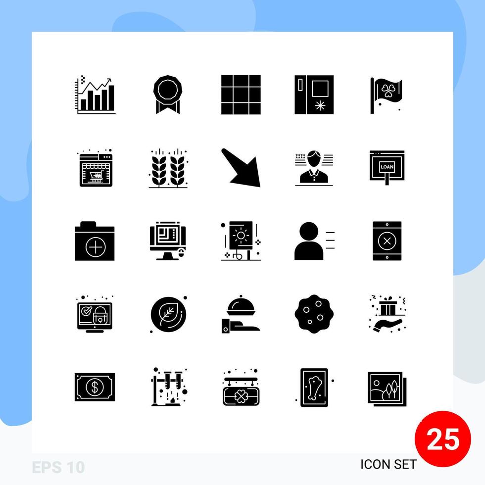 Set of 25 Commercial Solid Glyphs pack for shop ireland grid sign side by side Editable Vector Design Elements