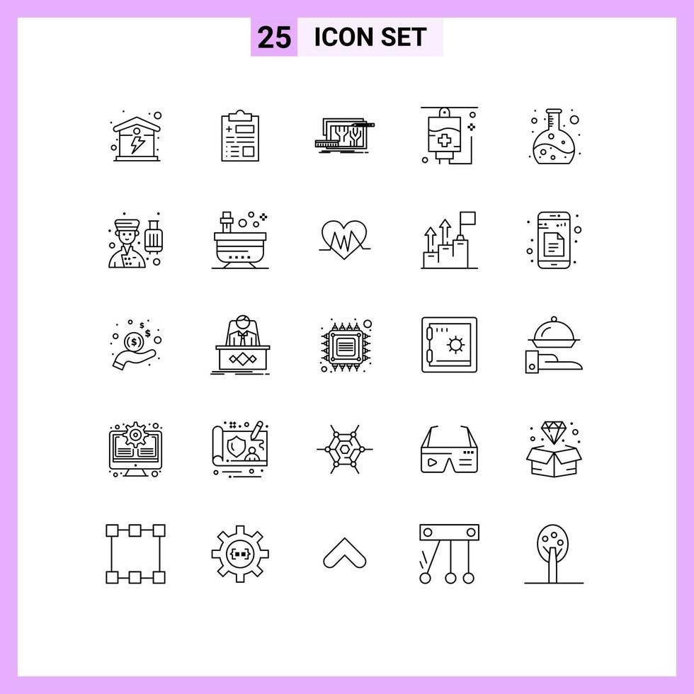 User Interface Pack of 25 Basic Lines of experiment medical architecture hospital engineering Editable Vector Design Elements