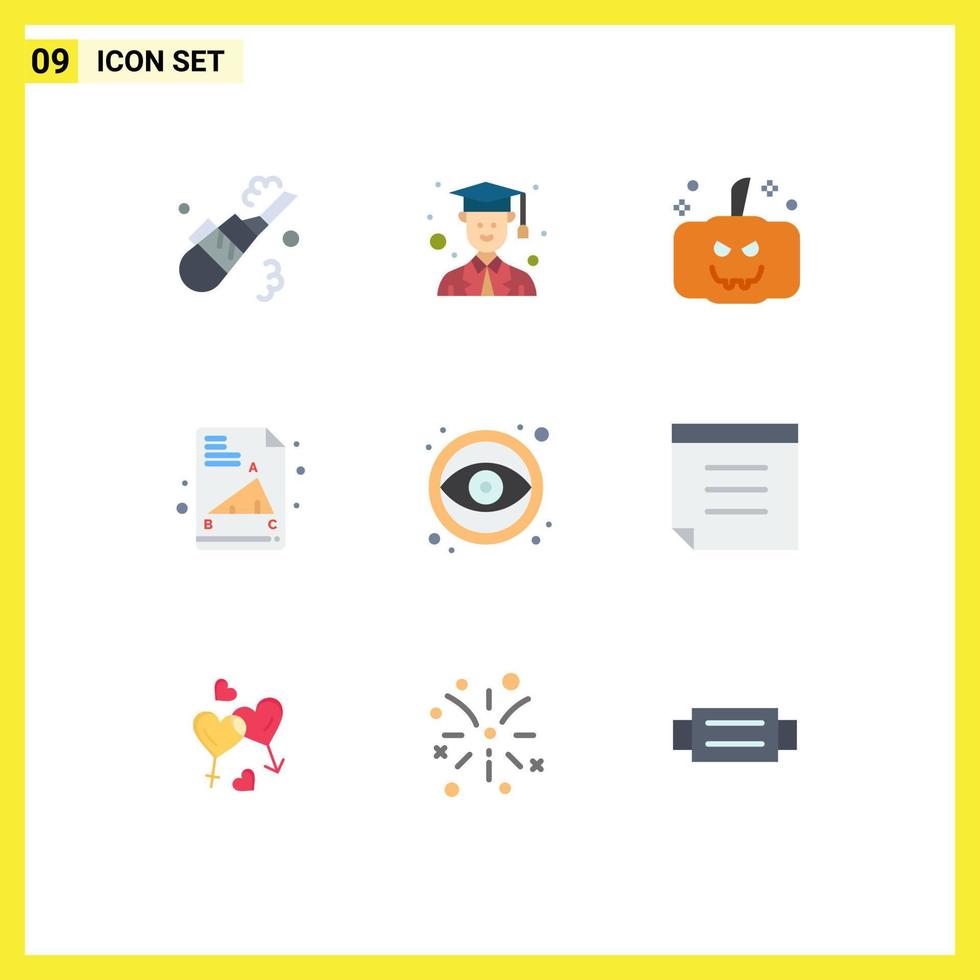 9 User Interface Flat Color Pack of modern Signs and Symbols of note graphic pumpkin eye exam paper Editable Vector Design Elements