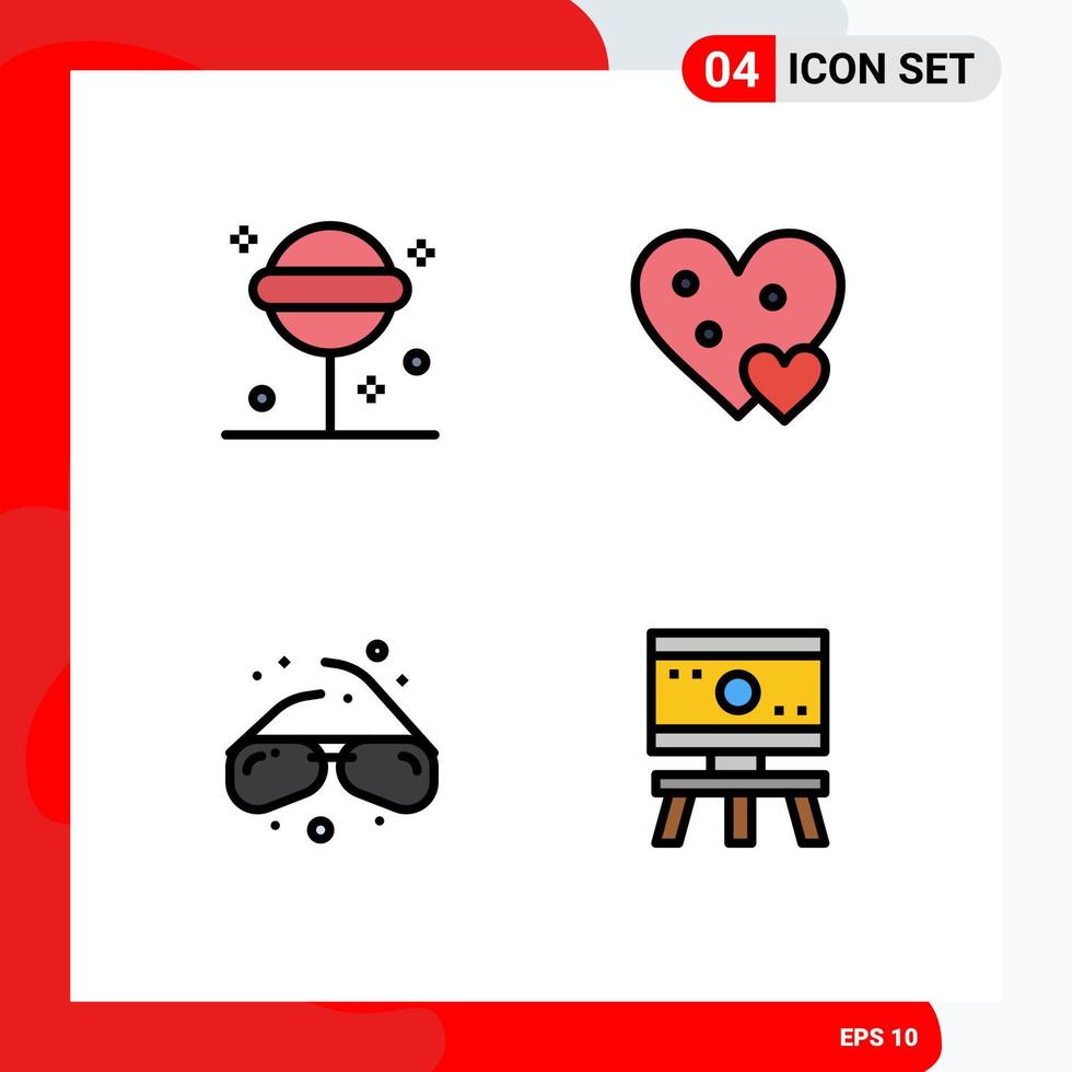 4 User Interface Filledline Flat Color Pack of modern Signs and Symbols of confect glasses sweet like view Editable Vector Design Elements