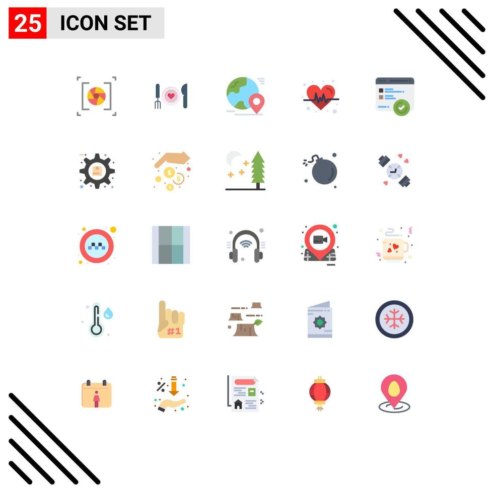 conjunto moderno de 25 colores planos y símbolos como desarrollo corazón pareja dieta mundo elementos de diseño vectorial editables vector