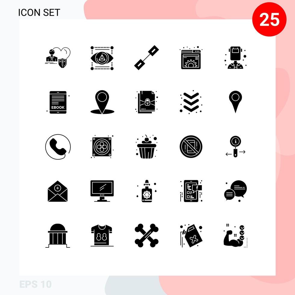 Pack of 25 creative Solid Glyphs of web gear printer document linked Editable Vector Design Elements