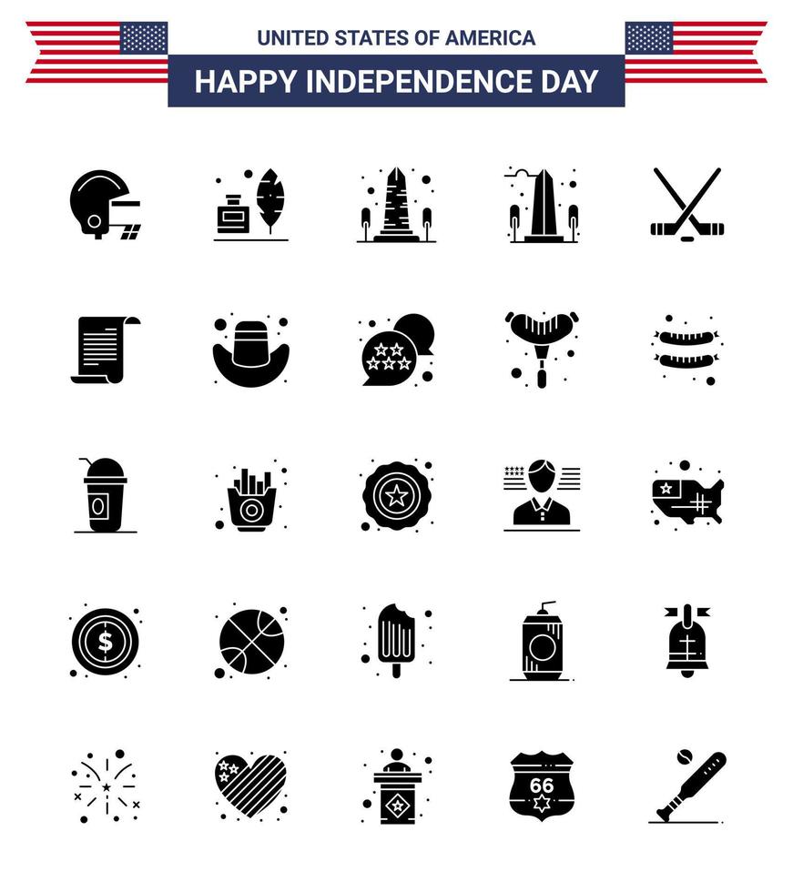 Modern Set of 25 Solid Glyph and symbols on USA Independence Day such as text american monument sport hokey Editable USA Day Vector Design Elements