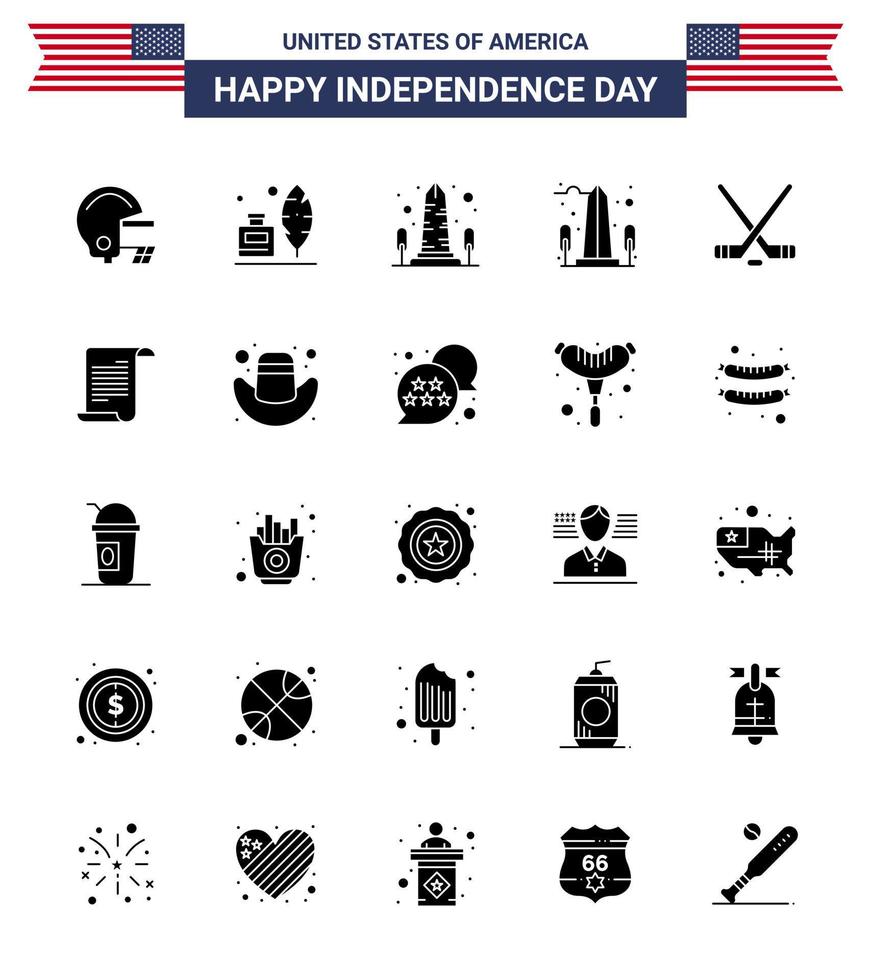 conjunto moderno de 25 glifos sólidos y símbolos en el día de la independencia de estados unidos, como texto monumento americano deporte hokey editable elementos de diseño vectorial del día de estados unidos vector