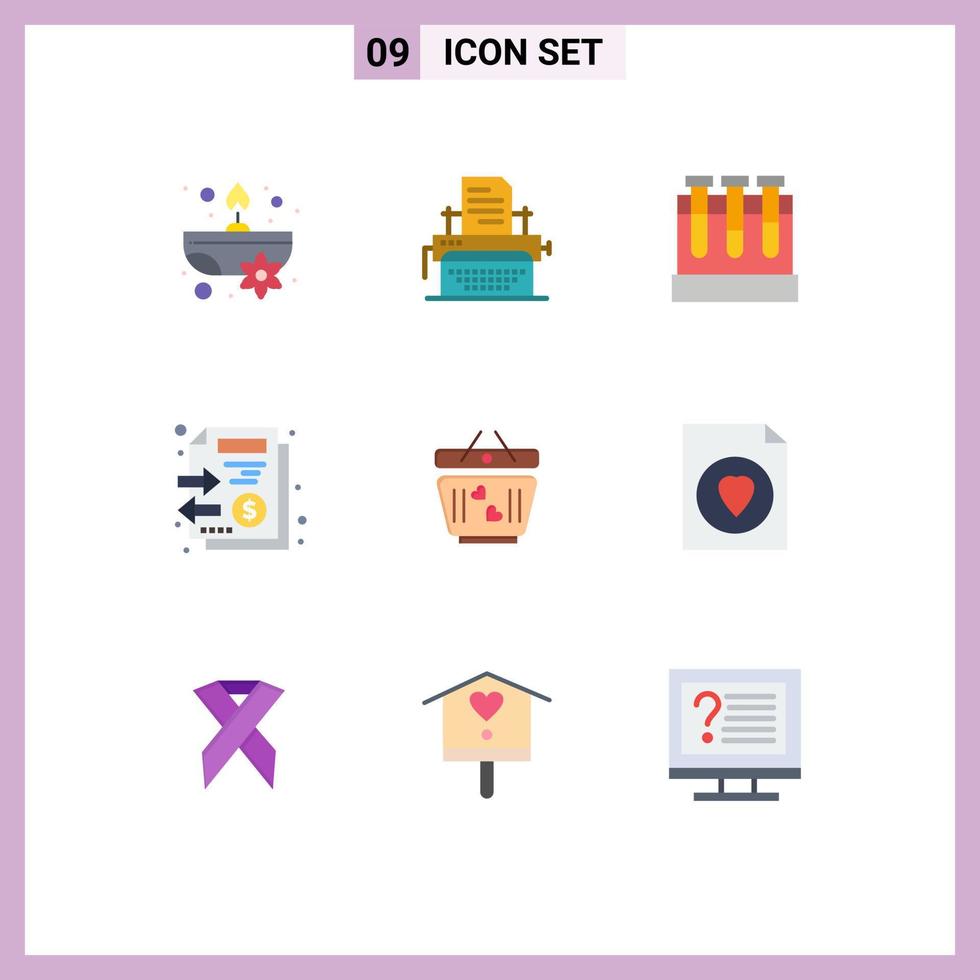 Modern Set of 9 Flat Colors Pictograph of love money lab stack documents Editable Vector Design Elements