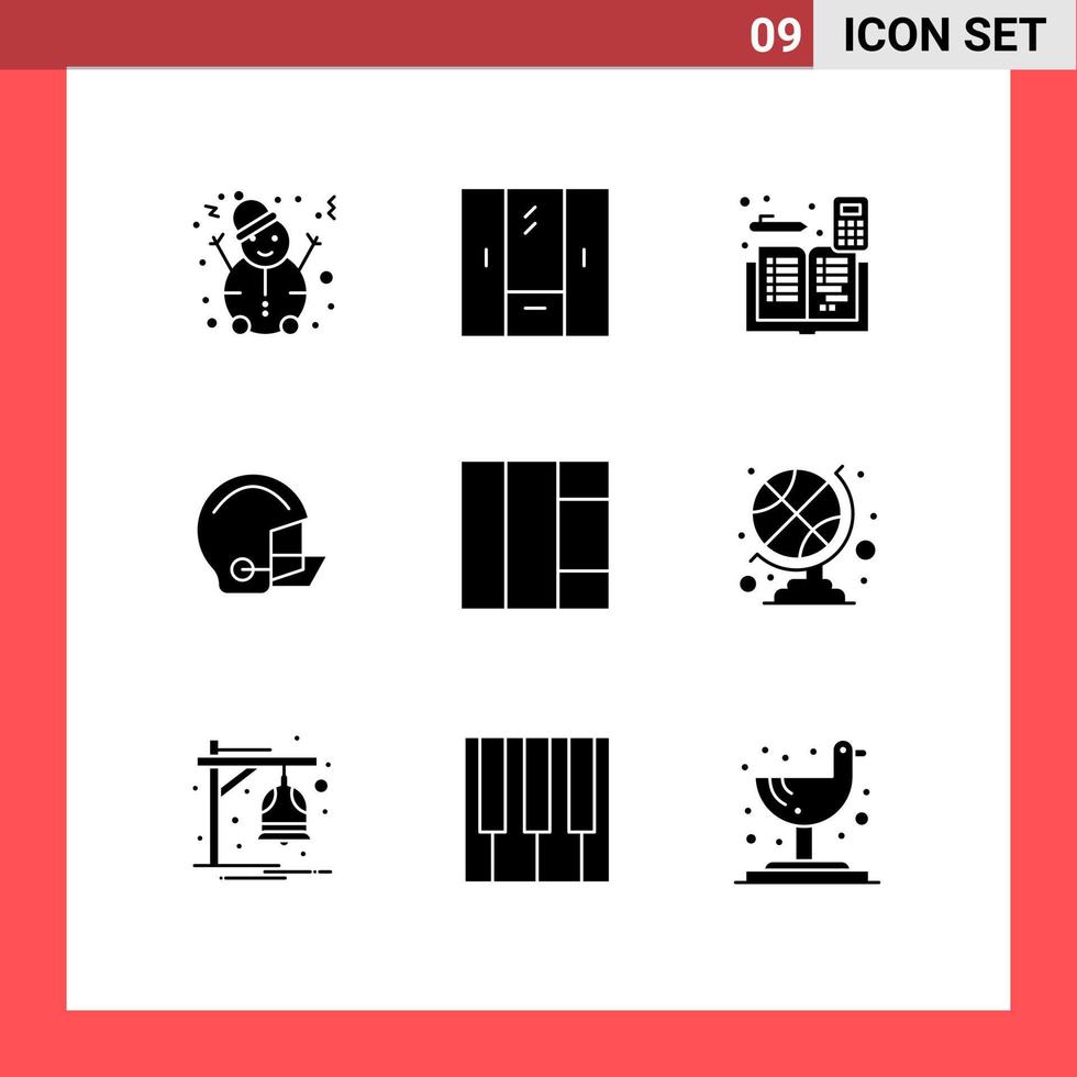 User Interface Pack of 9 Basic Solid Glyphs of protective football accounting equipment book Editable Vector Design Elements