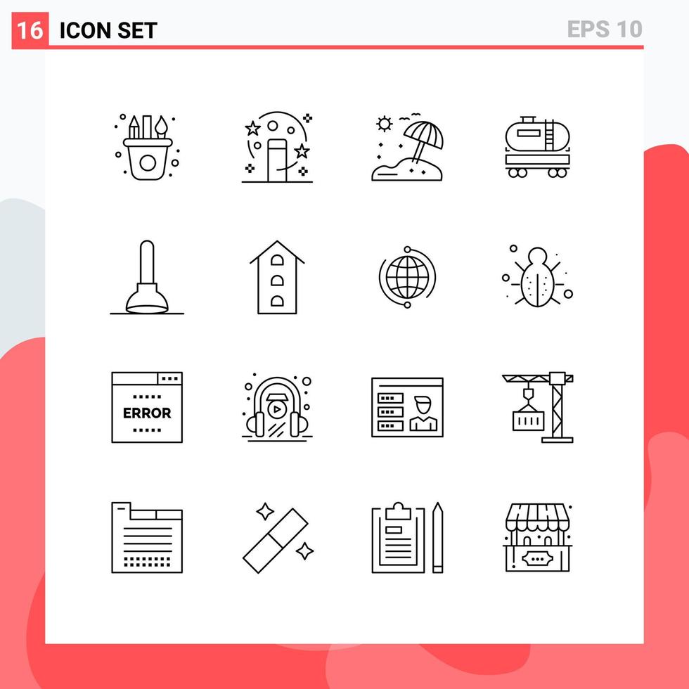 Group of 16 Modern Outlines Set for tool plunger beach construction dumpper Editable Vector Design Elements