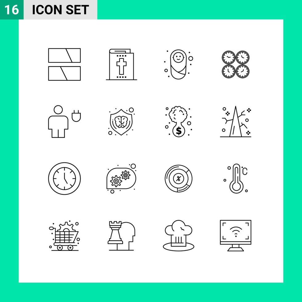 Set of 16 Modern UI Icons Symbols Signs for world time time zone child office clocks business Editable Vector Design Elements