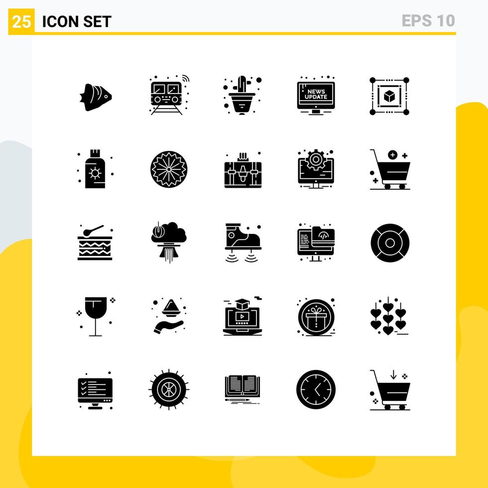 Modern Set of 25 Solid Glyphs Pictograph of public information train campaign interior Editable Vector Design Elements