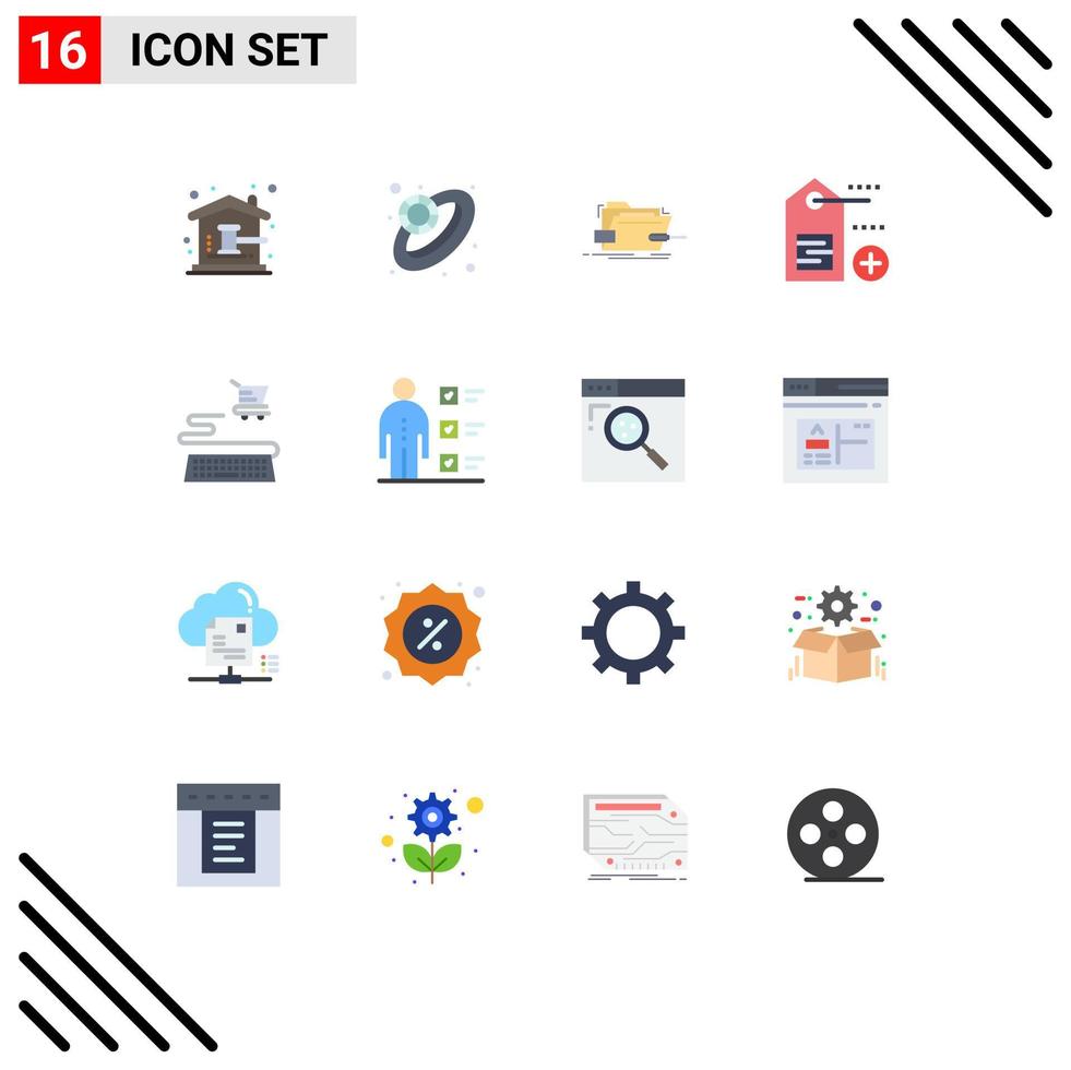 paquete de 16 signos y símbolos de colores planos modernos para medios de impresión web, como etiqueta de caja de etiquetas en línea, paquete técnico editable de elementos creativos de diseño de vectores