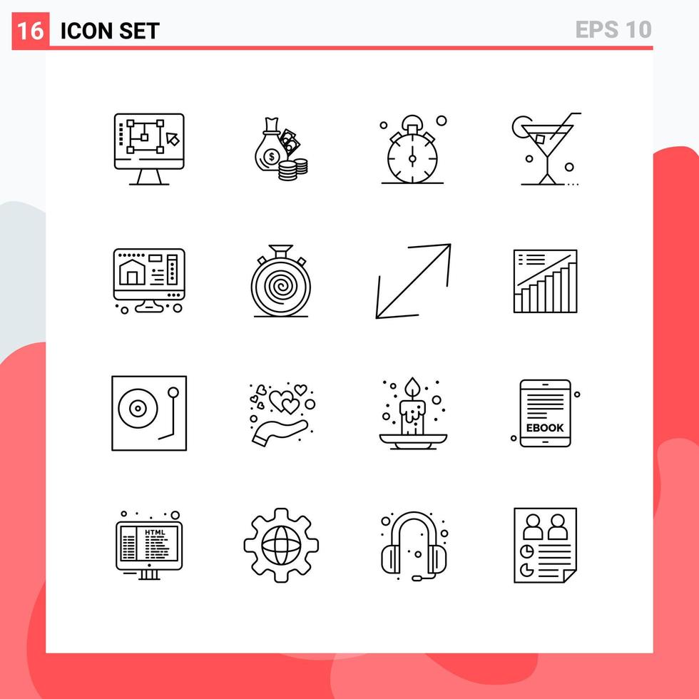 16 Universal Outlines Set for Web and Mobile Applications wine glass coins time quarter Editable Vector Design Elements