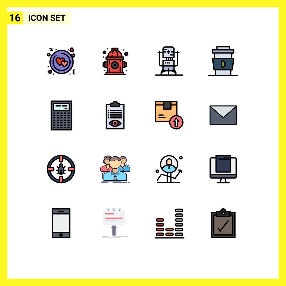 16 Thematic Vector Flat Color Filled Lines and Editable Symbols of calculate fast bot drink coffee Editable Creative Vector Design Elements