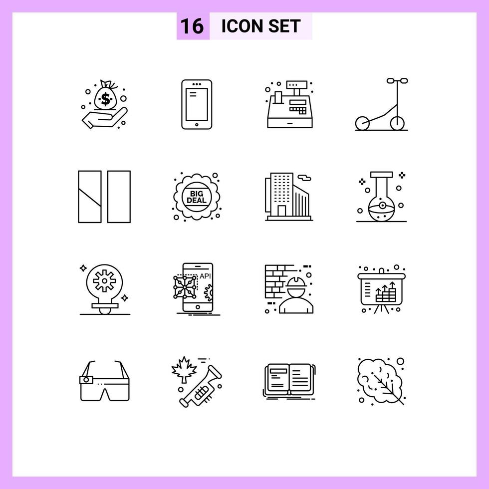 Pack of 16 Modern Outlines Signs and Symbols for Web Print Media such as frame transport samsung sport shopping Editable Vector Design Elements