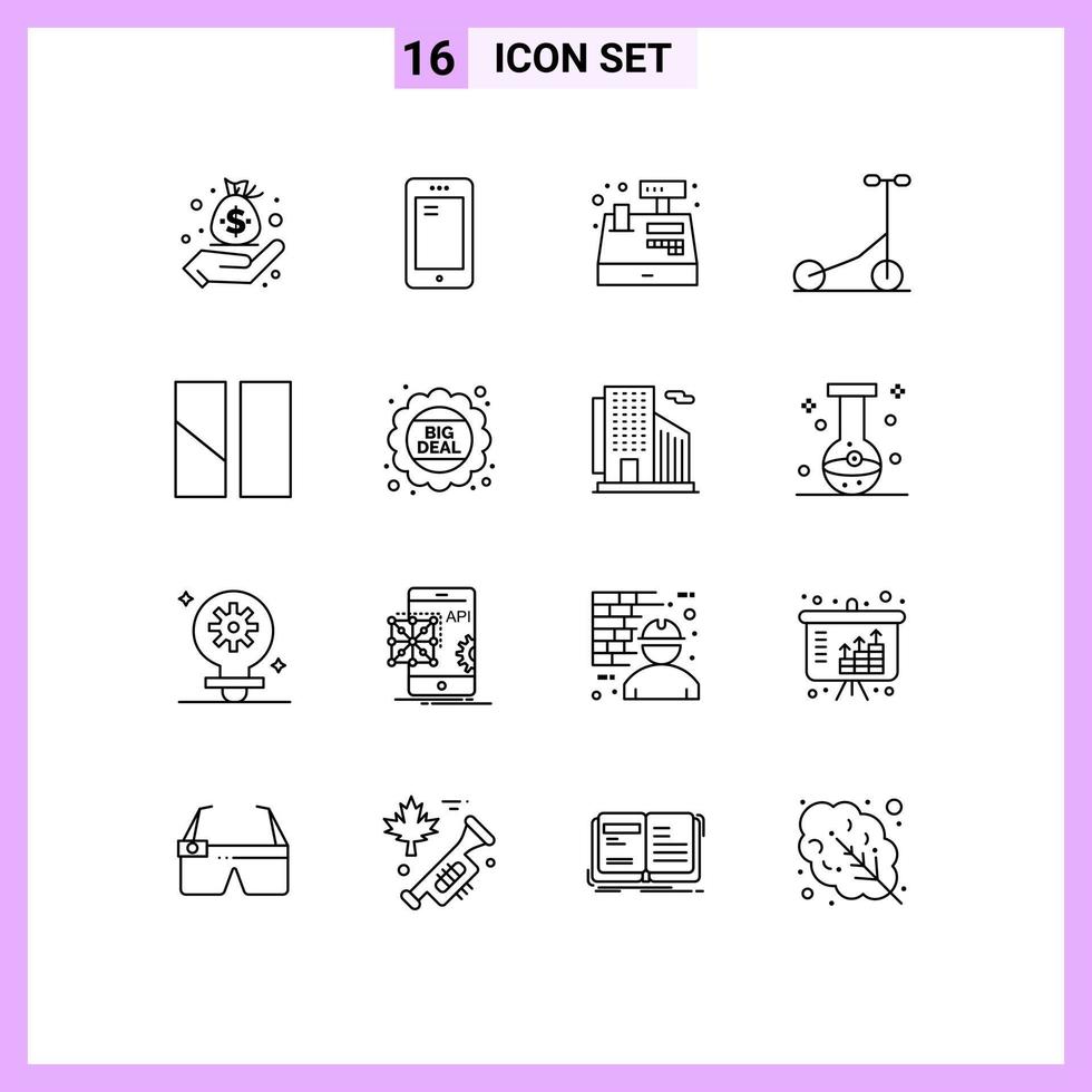 paquete de 16 signos y símbolos de contornos modernos para medios de impresión web, como transporte de marcos, compras deportivas de samsung, elementos de diseño de vectores editables
