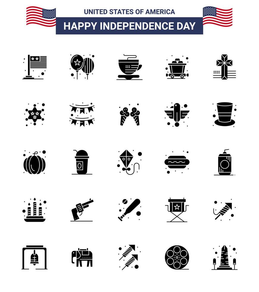 25 signos de glifo sólido de estados unidos celebración del día de la independencia símbolos de insignia té cruzado mina americana elementos de diseño vectorial del día de estados unidos editables vector