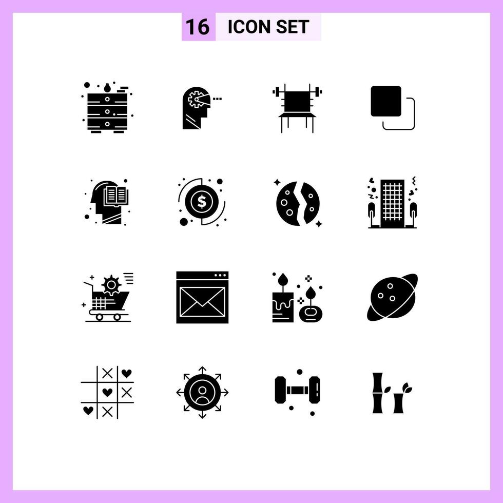 Set of 16 Vector Solid Glyphs on Grid for education stack dumbbell quadruple four Editable Vector Design Elements