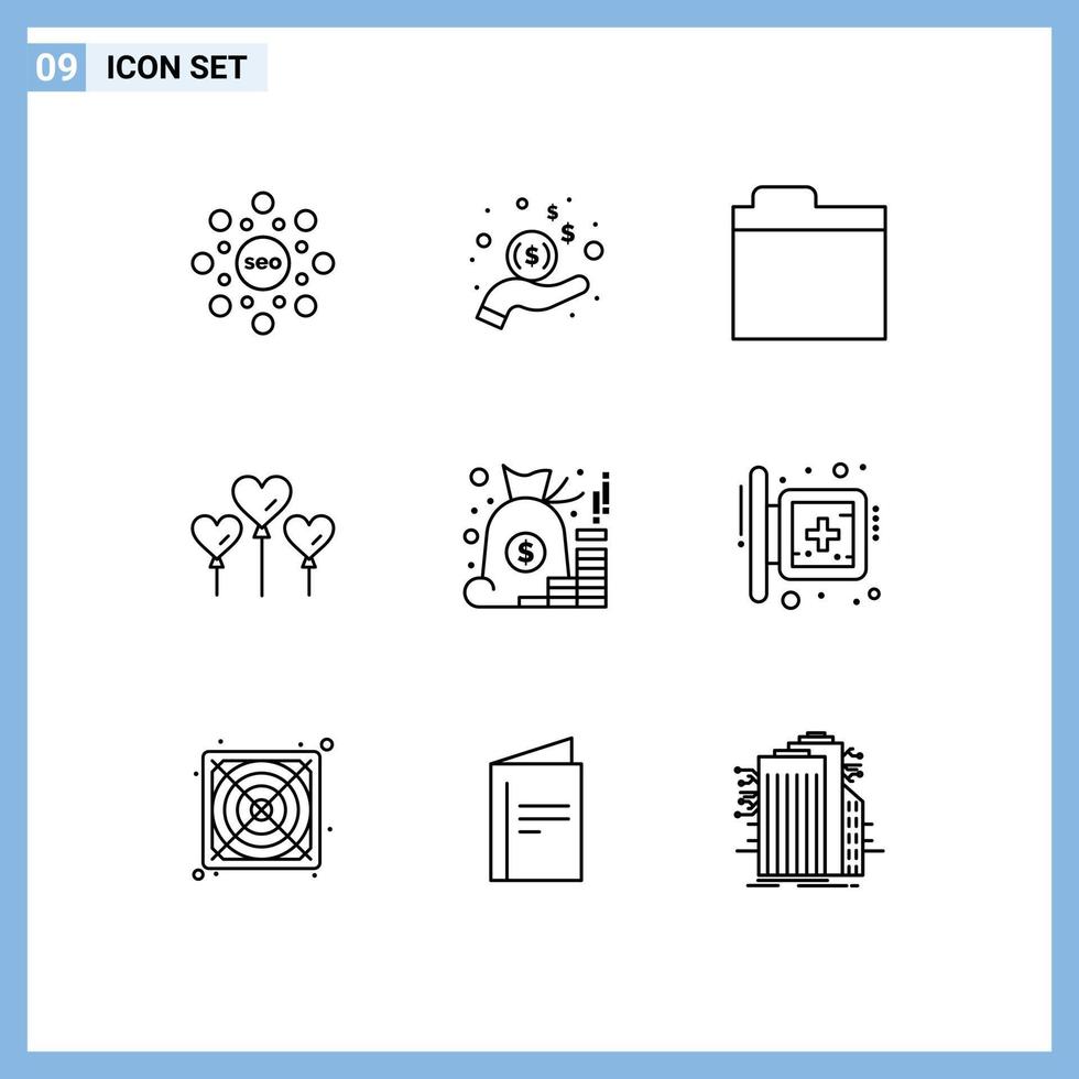 Modern Set of 9 Outlines Pictograph of money bag files account balloon Editable Vector Design Elements