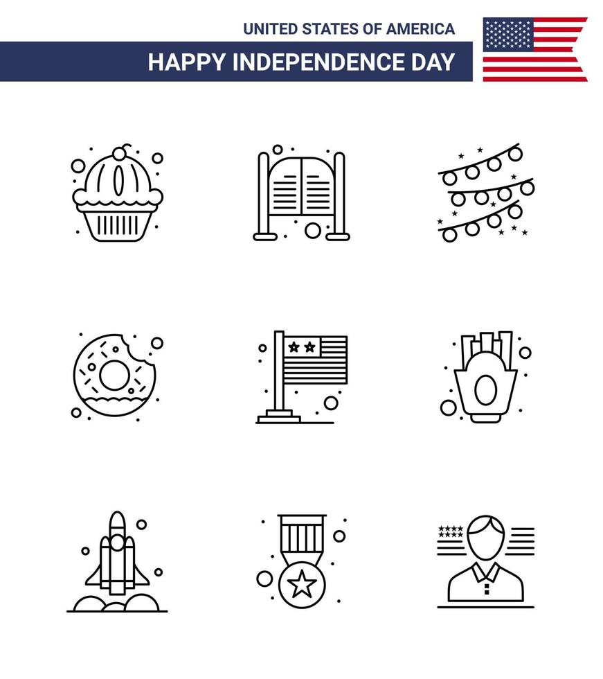 Set of 9 Vector Lines on 4th July USA Independence Day such as flag food entrance yummy donut Editable USA Day Vector Design Elements