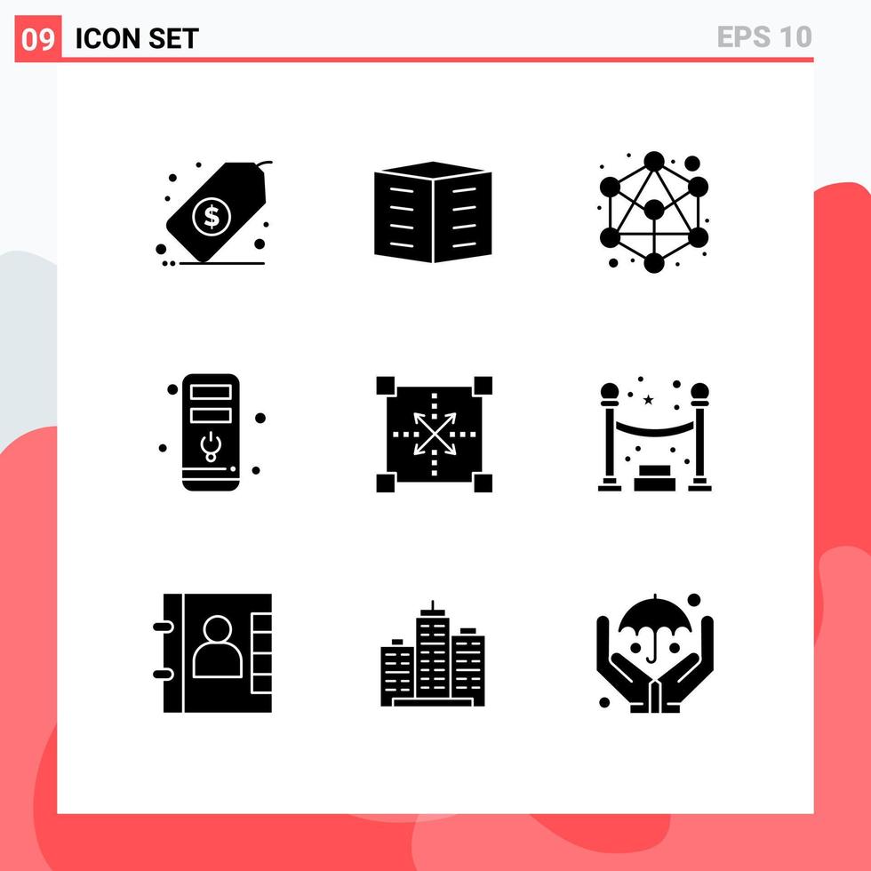 conjunto de 9 glifos sólidos vectoriales en cuadrícula para el desarrollo de codificación de bloques de oficina elementos de diseño vectorial editables de computadora de hardware vector