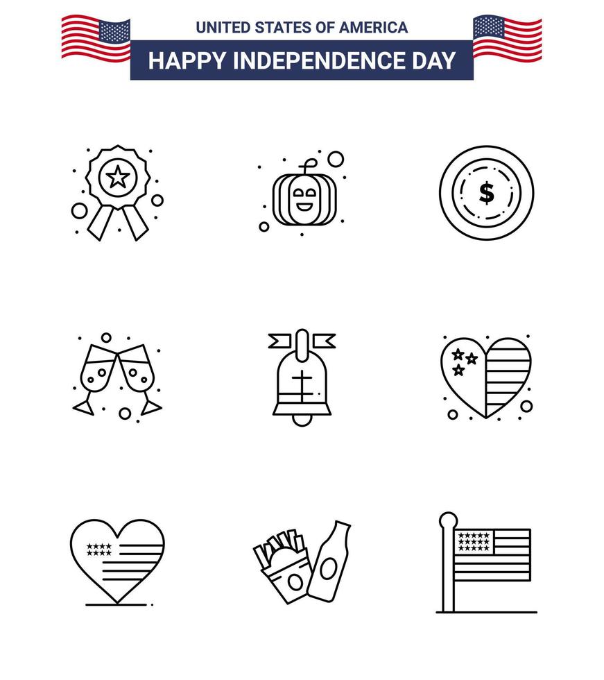 9 Line Signs for USA Independence Day heart american dollar ring wine glass Editable USA Day Vector Design Elements