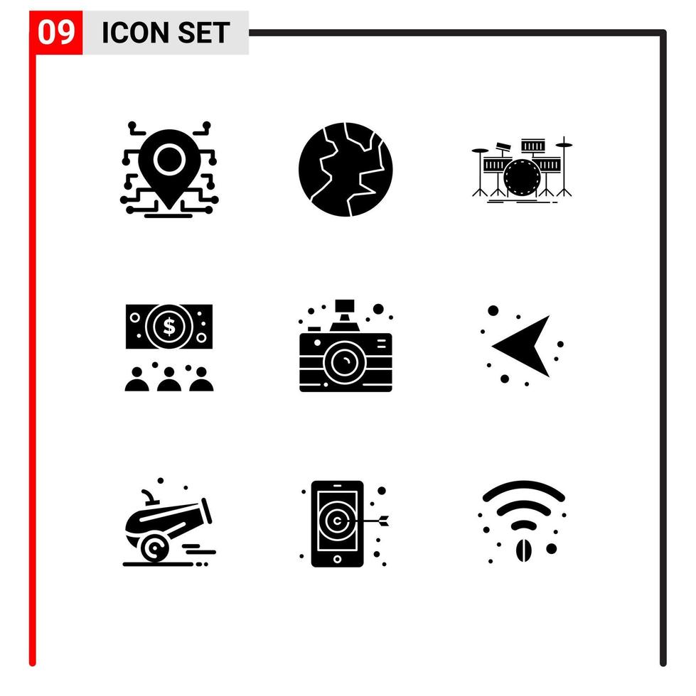 Pack of 9 Modern Solid Glyphs Signs and Symbols for Web Print Media such as media camera drums online business Editable Vector Design Elements