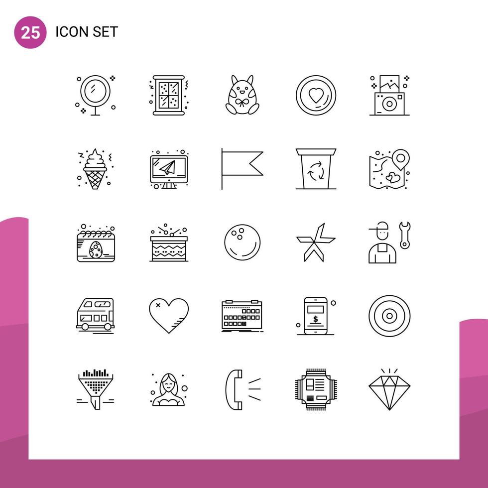 paquete de 25 líneas modernas, signos y símbolos para medios impresos web, como amantes de la cámara, amor invernal, elementos de diseño de vectores editables felices