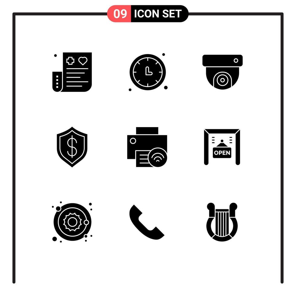 Mobile Interface Solid Glyph Set of 9 Pictograms of technology cyber timer cashless media Editable Vector Design Elements