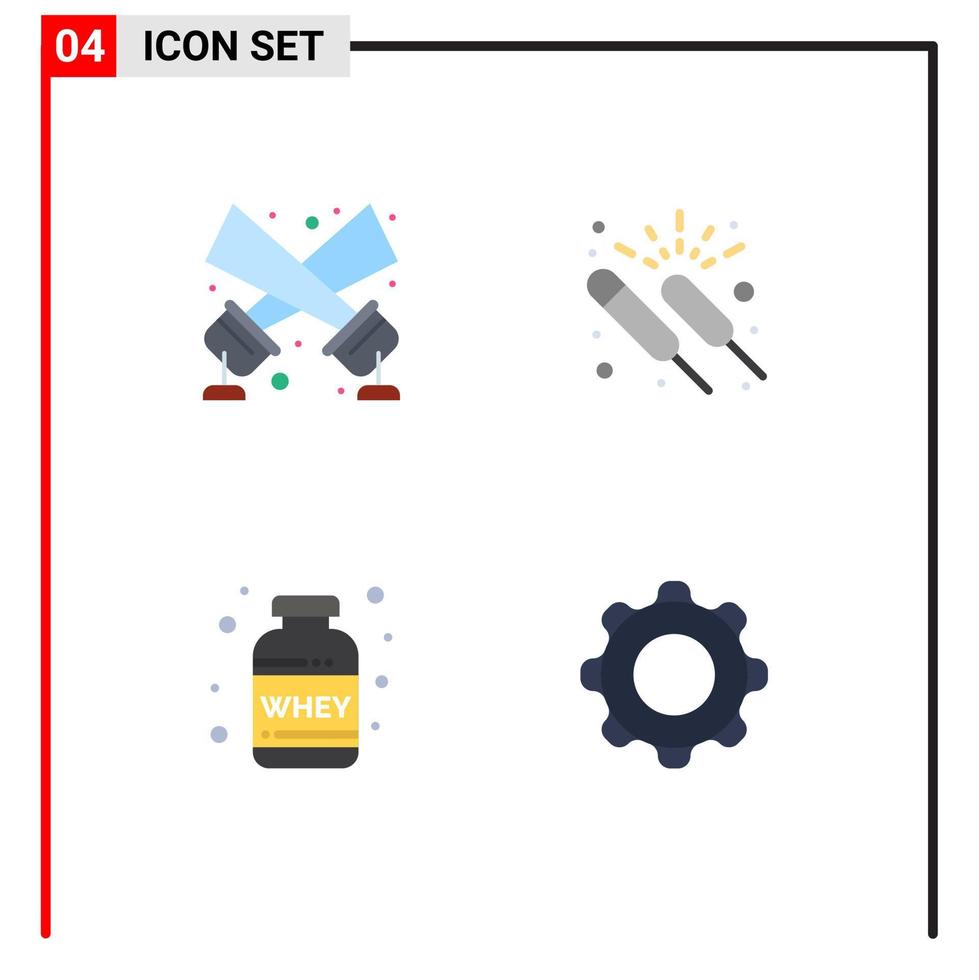 Flat Icon Pack of 4 Universal Symbols of flashlight nutrition disco light fireworks weight Editable Vector Design Elements